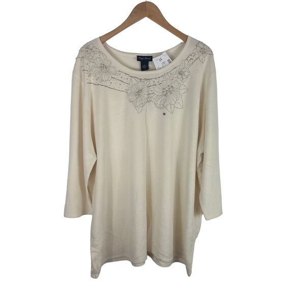 Maggie Barnes Tunic Sweater Womens 3X Ivory Floral Beaded Bling New 3/4 Sleeve - Picture 1 of 12